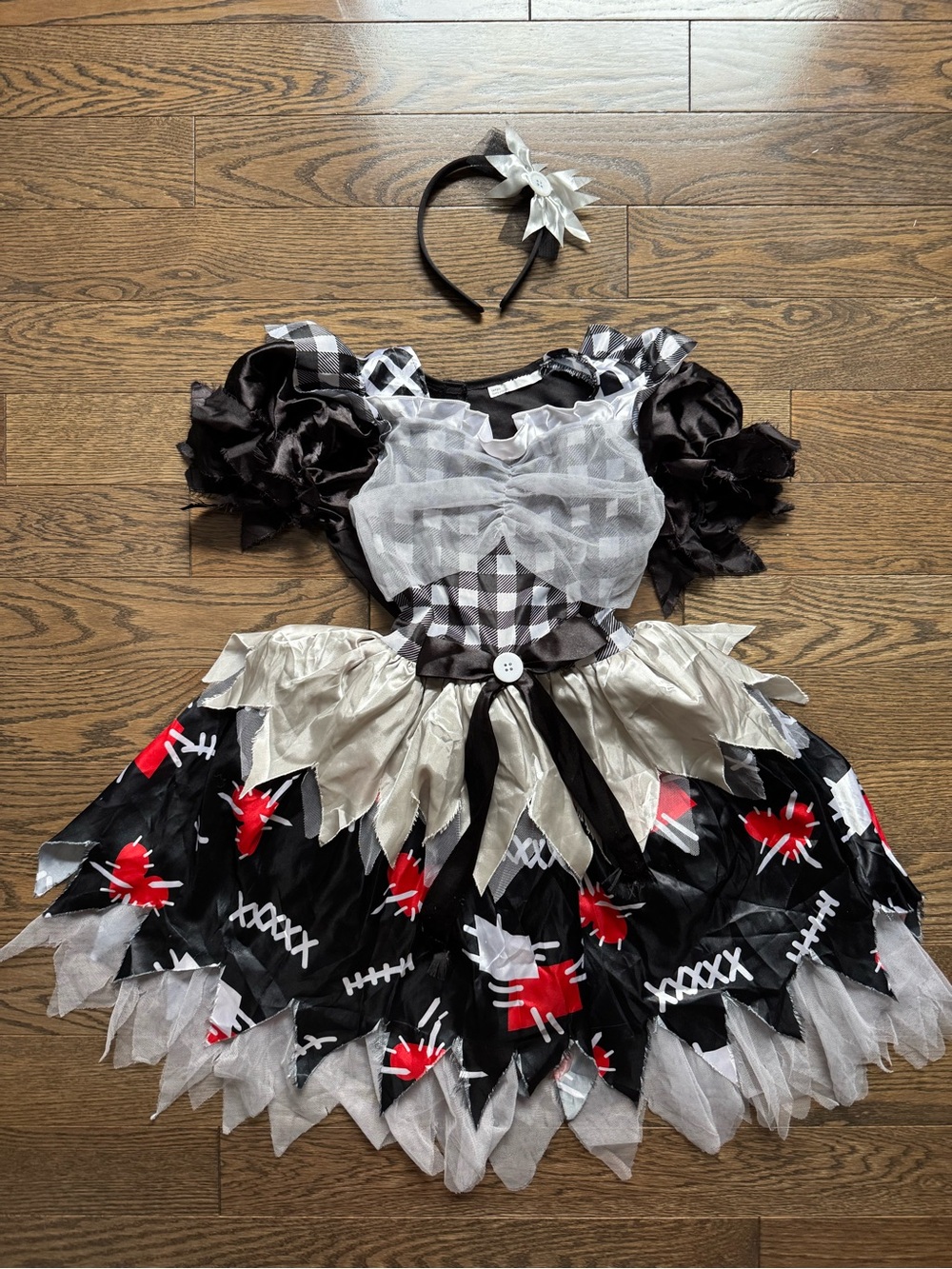 Black & White Patchwork Kids Costume Dress with Headband